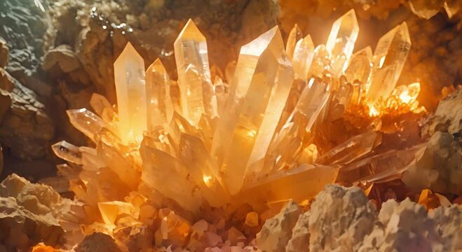 A cluster of rough gem quality citrine crystals in a cave