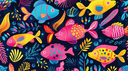 Colorful and playful underwater fish pattern with a tropical vibe - obrazy, fototapety, plakaty