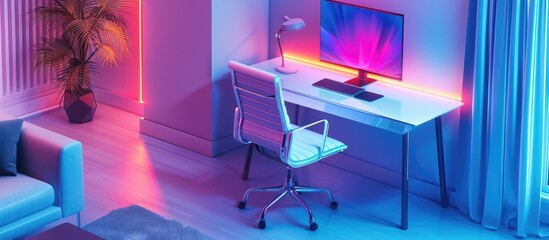 Sleek and Streamlined Neon Lit Minimalist Workspace with Cozy Furnishings in a Pristine White Environment