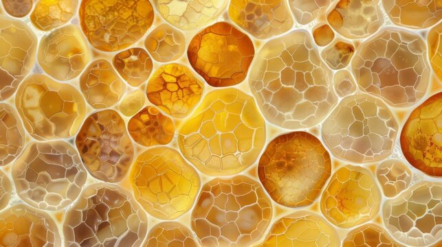 An adipose tissue sample under the microscope with the cells arranged in a honeycomb pattern. The cells vary in size and contain different