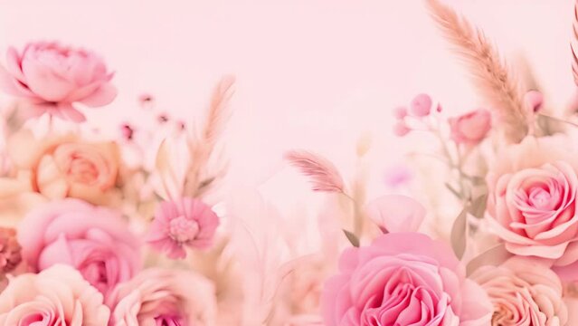 Romantic soft pink flowers on white background. Mixed group Collage, Changing Frames of Beautiful Rose on White Background. Montage of Multiple Videos. Wedding backdrop, Valentine's Day. Natural