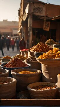 A market with many different types of food, including nuts and spices.