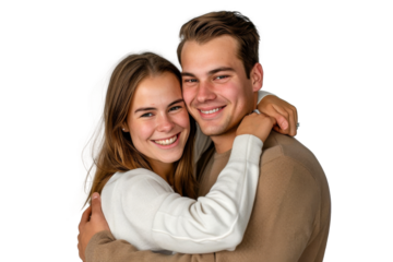 Portrait of happy couple hugging and holding together with smiling isolated on transparent png background, loving moment, romantic scene.