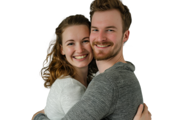 Portrait of happy couple hugging and holding together with smiling isolated on transparent png background, loving moment, romantic scene.