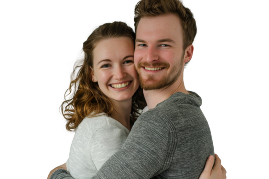 Portrait of happy couple hugging and holding together with smiling isolated on transparent png background, loving moment, romantic scene.