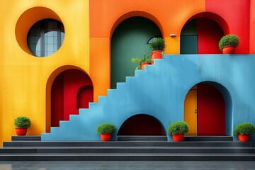 Vibrant architectural facade with stairs