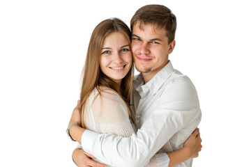 Obraz na płótnie Canvas Portrait of happy couple hugging and holding together with smiling isolated on transparent png background, loving moment, romantic scene.