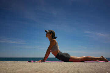 Brunette Woman Performing Isometric Exercises on Pink Exercise Mat by the Sea
