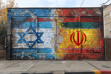 A vibrant street mural featuring the flags of Iran and Israel side by side, promoting cultural exchange and understanding. Concept of diversity. Generative Ai.