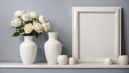 A photo of a blank white picture frame and two vases of white flowers sitting on a white table against a beige wall in the background.

 - obrazy, fototapety, plakaty