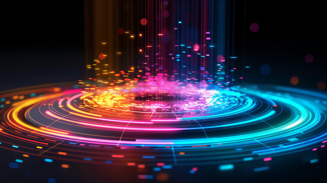 Abstract circular disc design with laser lights in rainbow colors, technology background for music, dj or data storage and transfer.