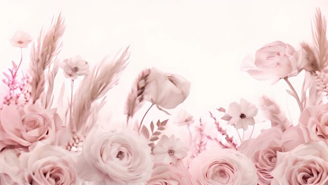 Romantic soft pink flowers on white background. Mixed group Collage, Changing Frames of Beautiful Rose on White Background. Montage of Multiple Videos. Wedding backdrop, Valentine's Day. Natural