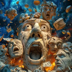 Illustrate a comical moment involving finances in a clay sculpture, utilizing a top-down perspective to showcase the intricacies of the scene under a night sky backdrop