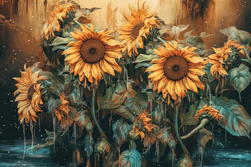 Three sunflowers are in a field, with one of them being the tallest.