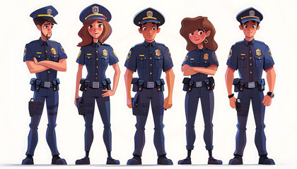 Cartoon style 2d flat image of a group of police officers in uniform