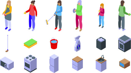 Housewife cleaning kitchen icons set isometric vector. Messy woman. Detergent bottle