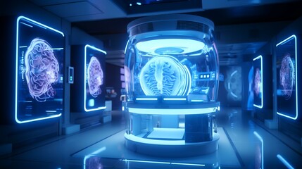3d render of human brain in medical room with blue light illumination