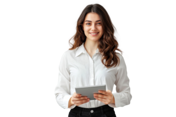 Studio portrait company worker beautiful young Caucasian woman with an attractive smile wearing casual outfits and holding digital tablet, isolated on transparent png background.