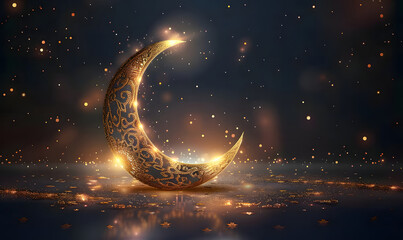 glowing golden moon on dark background, eid ul adha religion muslim islam - obrazy, fototapety, plakaty