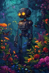 Design a mesmerizing pixel art illustration featuring a stylized Robot Chef surrounded by glowing digital flowers and cybernetic insects in a dynamic Cyberpunk Garden scene