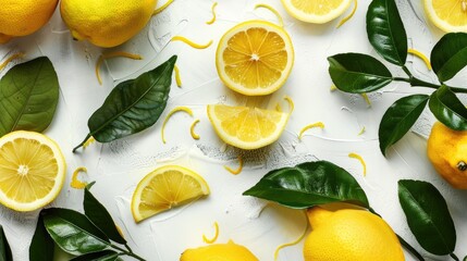 Lemon on a White Background with Green Leaves