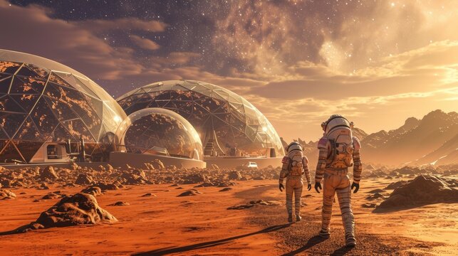 Futuristic Martian spaceport with advanced spacecraft and rocky terrain. Resplendent.