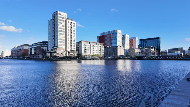 Panoramic View Of Grand Canal Dock From Grand Canal Square In Dublin Docklands. Symbol of urban regeneration and technological advancement. With modern architecture and corporate headquarters