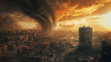  In a gripping 3D render, a colossal tornado dominates the skyline, its swirling vortex engulfing an entire city in its destructive path.  - obrazy, fototapety, plakaty