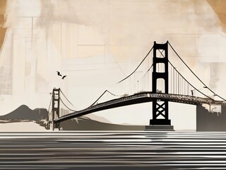 A minimalist-style artwork of the Golden Gate Bridge in the USA with a double exposure. Generative AI