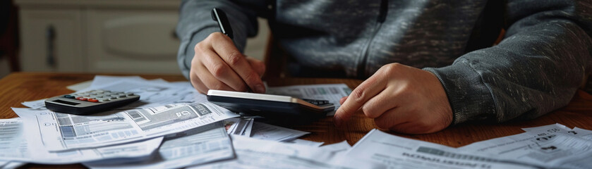 A person using a calculator to work through a pile of receipts and home maintenance bills, emphasizing the detailed work of managing home finances - obrazy, fototapety, plakaty