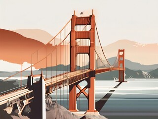 A minimalist-style artwork of the Golden Gate Bridge in the USA with a double exposure. Generative AI