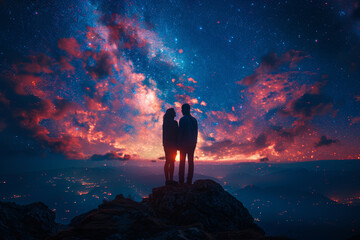 Fototapeta premium Affectionate embraces shared under the starlit sky, symbolizing deep emotional connection. Concept of romantic intimacy and celestial beauty. Generative Ai.