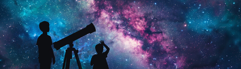A telescope pointed towards the stars with multiple individuals looking through it in turns, illustrating diverse perspectives and the guidance provided by collaboration - obrazy, fototapety, plakaty