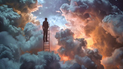 A visionary on a ladder climbing through various cloud layers, each layer a different phase of their ambitious journey