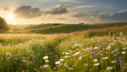 A field of wildflowers swaying in the gentle breeze; beautiful summer meadow at sunset with clouds on top ground under clear sky, natural patterns