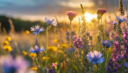 A field of wildflowers swaying in the gentle breeze; beautiful summer meadow at sunset with clouds on top ground under clear sky, natural patterns