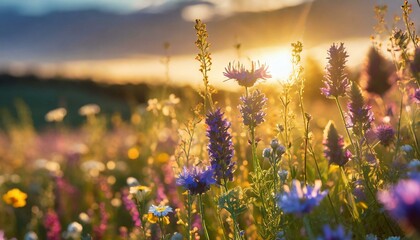 A field of wildflowers swaying in the gentle breeze; beautiful summer meadow at sunset with clouds...