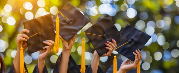 Close up of a group of students wearing black gowns and holding their graduation caps in the air, with yellow tassels on them, against a sunlight background Generative AI
