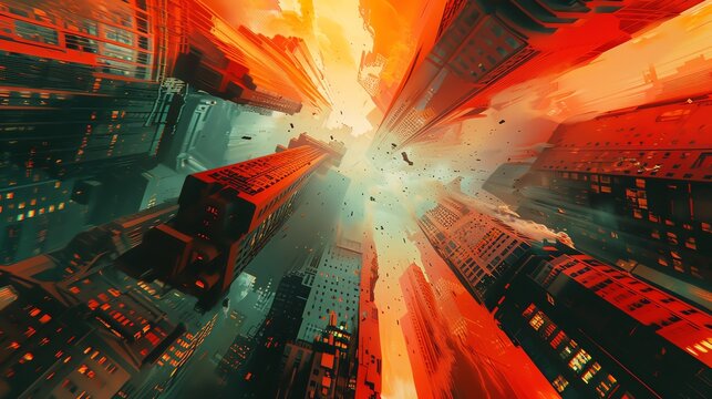Capture a dystopian cityscape from a worms-eye view, merging urban exploration with vivid color theory in a digital glitch art style