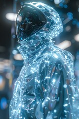 Capture a futuristic, metallic-clad model strutting in zero gravity, surrounded by holographic spectators Use CG 3D rendering for a sleek, otherworldly feel - obrazy, fototapety, plakaty