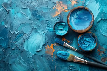 Textured blue paint and brushes close-up