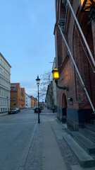 Street in Denmark with buildings. Old Europe town