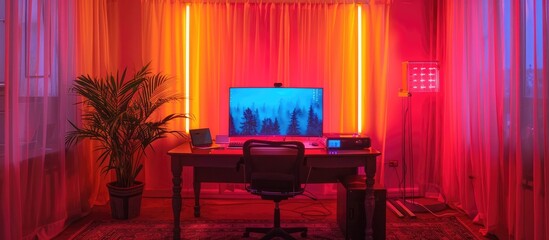 Vibrant Maximalist Workspace with High Tech Neon Lighting and Multicolor Design Elements - obrazy, fototapety, plakaty