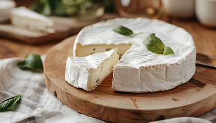 Wooden board with tasty Camembert cheese on table