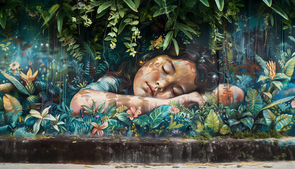 Gorgeous mural depicting sleeping girl surrounded by lush, vibrant foliage. artwork exudes tranquility and captures beauty of nature intertwined with innocence of sleep. Street art of graffiti artists