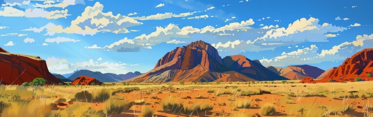 A computer generated image of a desert with mountains in the background