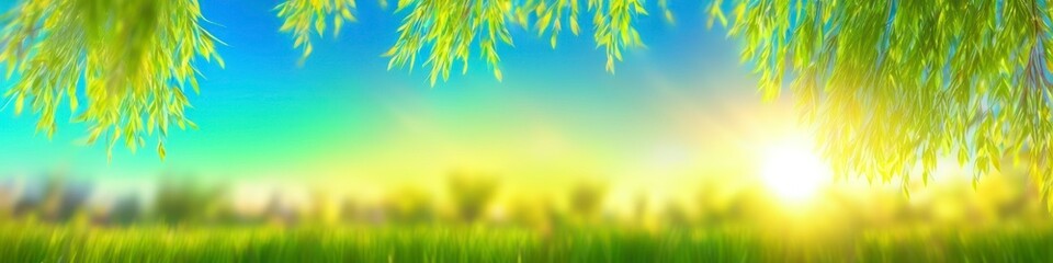 Fototapeta premium Abstract blurred illustration midsummer sun rays break through willow leaves. Background for design, place for text. 