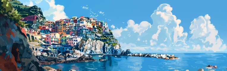 A painting of a colorful town with a blue sky and a body of water