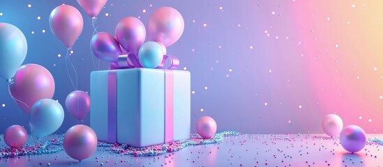 Whimsical Gift Box Surrounded by Neon Lit Balloons on Gradient Background in 3D Clay