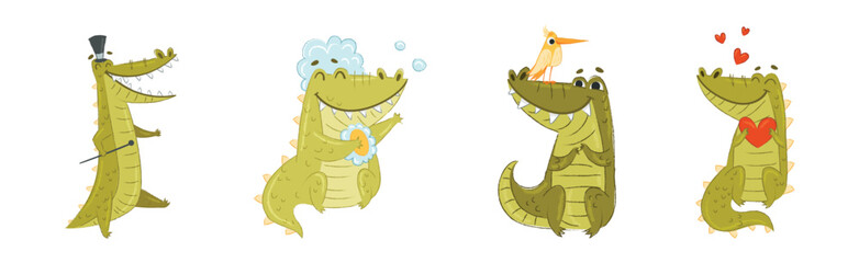 Cute Crocodile Character in Different Situation Vector Set